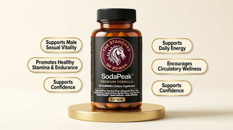 SodaPeak Gummies bottle on a gold stand